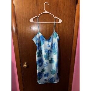 VTG Jaclyn Smith Sleepwear Womens Blue Hawaiian Floral Slip Dress Size Large